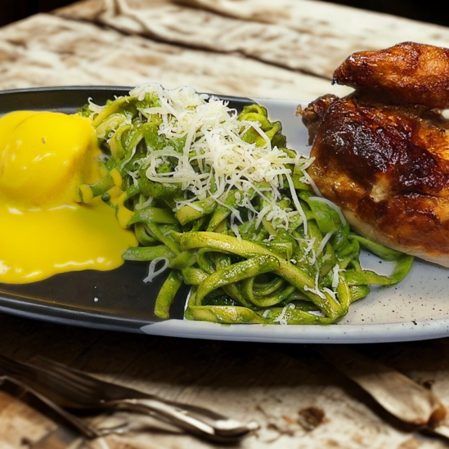 Tallarines Verdes a la Brasa [Peruvian Pesto Pasta & Rotisserie Chicken].