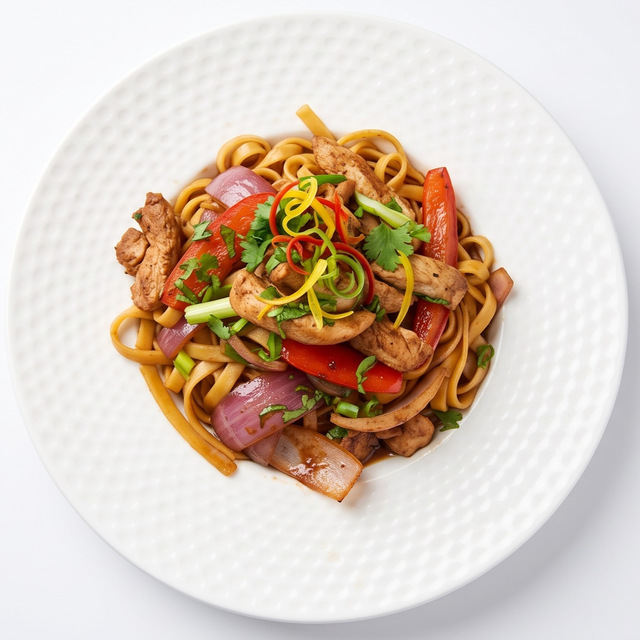 Tallarín Saltado con Pollo [Stir-Fried Noodles with Chicken].