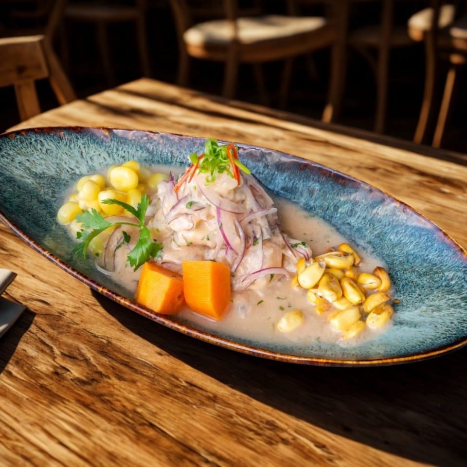 Peruvian ceviche with sweet potato and corn