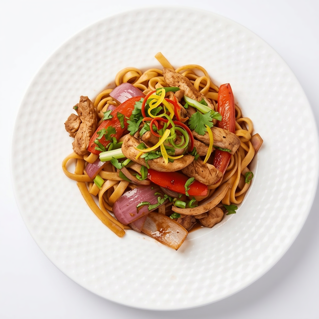 Tallarín Saltado con Pollo [Stir-Fried Noodles with Chicken].
